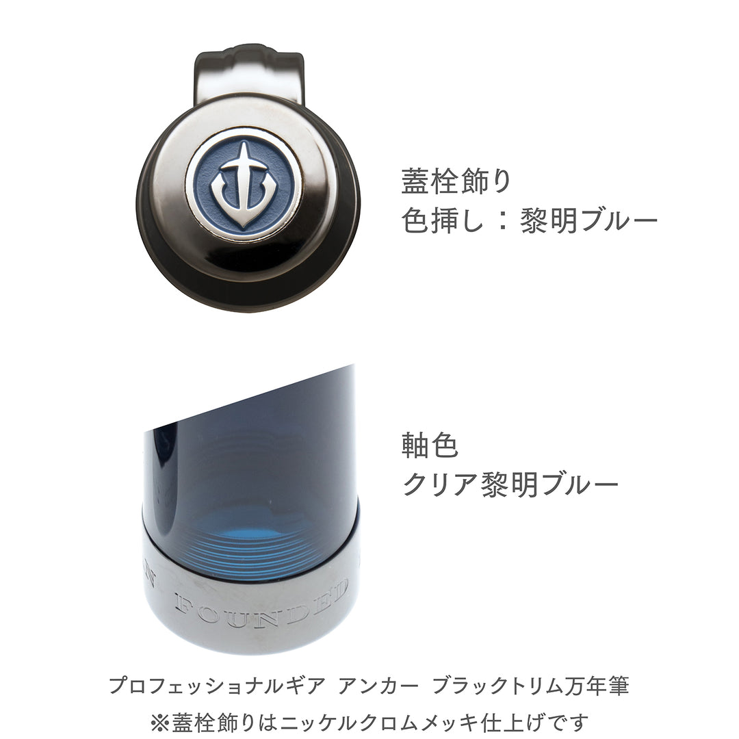 文具クワウチが販売するセーラー万年筆 プロフェッショナルギア 「アンカー」 ブラックトリム 万年筆蓋栓飾りと軸色拡大写真です。