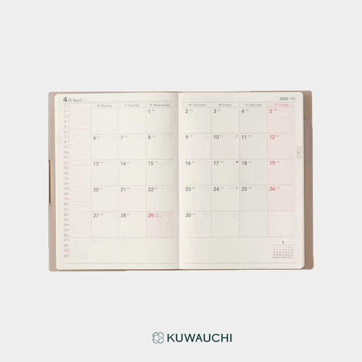 2026年4月始まり　NOLTY　ウィークリー手帳　エクリPlus（9863）  B6サイズ　マンスリーページです。