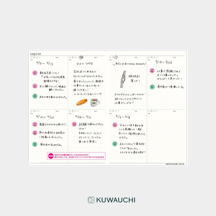 2026年4月始まり　NOLTY　ウィークリー手帳　エクリPlus（9863）  B6サイズログリスト記載見本です。