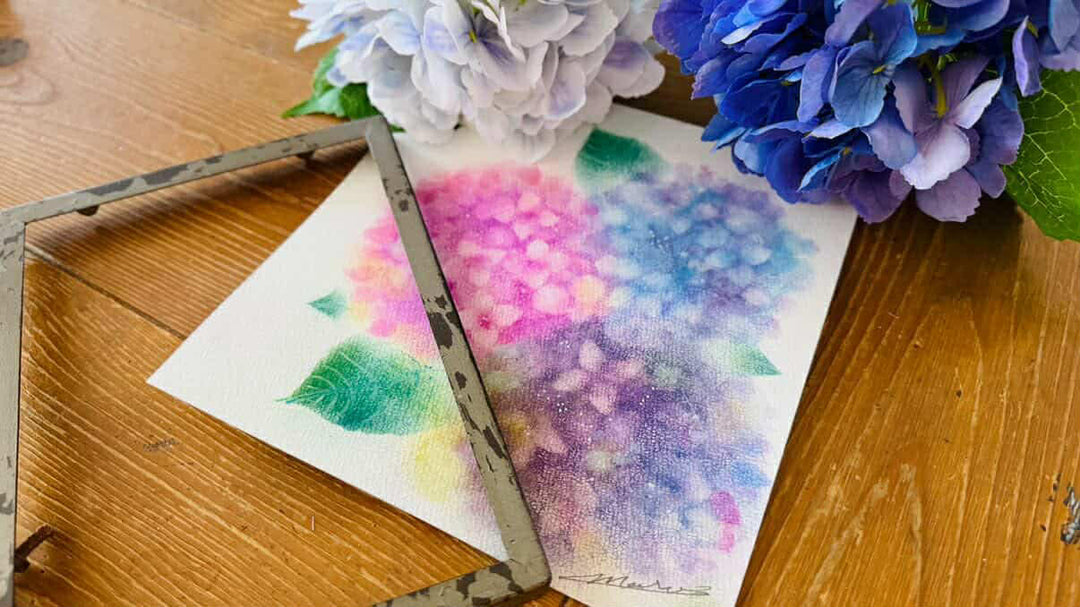 文具クワウチパステル教室5月の紫陽花アート完成サンプルです。