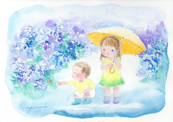 文具クワウチが開催する＜おかもと ゆみ先生＞水彩色鉛筆で描く「あじさいの雨さんぽ」原画です。